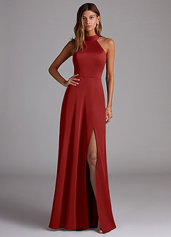 Azazie Myra Robes de demoiselle d'honneur Robe Trapèze en Satin extensible Fente Latérale Grenade image1