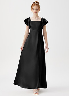 Azazie Bondi Junior Robe Trapèze en Satiné métallisé Fente Latérale Noir image4