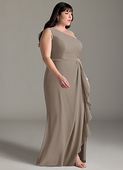Azazie Liza Jurken voor bruidsmeisjes Jurk van Chiffon met Zeemeermin One-Shoulder Taupe image9