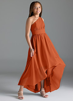 Azazie Mathilda Junior Robe Trapèze en Mousseline de soie Plissée Orange Brûlée image3