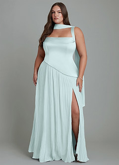 Azazie Stephanie Vestidos de damas de honor Vestido Vidrio Marino de Satén Elástico de Línea A con Plisado image14