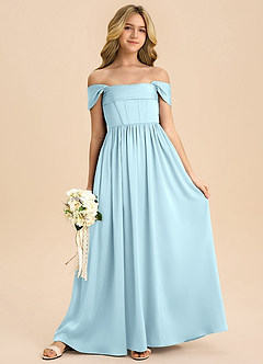 Azazie Hattie Junior Vestido de Azul Nube de Satén Elástico de Corte en A con Plisado image3