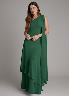 Azazie Monique Vestidos de damas de honor Vestido Verde Oscuro de Gasa de Línea A con Un hombro image1