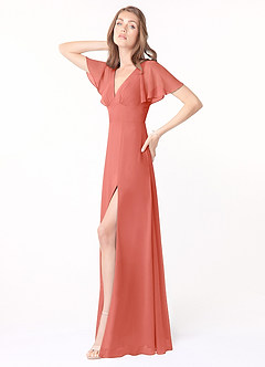 Azazie Kimber Robes de demoiselle d'honneur Robe Trapèze en Mousseline de soie Manches à volants Rose Saumon image4