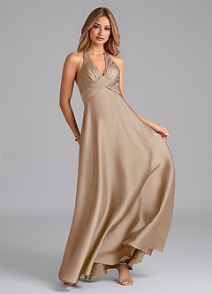 Azazie Tessie Bridesmaid Dresses Taupe A-Line Pleated Stretch Satin Dress image3