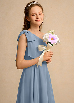 Azazie Guppy Junior Formal Flower Girl Dresses Dusty Blue A-Line One Shoulder Chiffon Dress image4