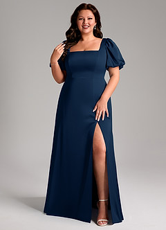 Azazie Fyona Vestidos de damas de honor Vestido de Azul Marino Oscuro de Satén Elástico de Corte en A con Plisado image8