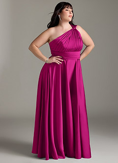 Azazie Charlize Bridesmaid Dresses Fuchsia A-Line One Shoulder Stretch Satin Dress image11