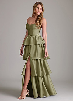 Azazie Faye Bridesmaid Dresses Pistachio A-Line Ruched Stretch Satin Dress image3