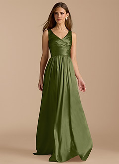 Azazie Keyla Bridesmaid Dresses Olive A-Line Pleated Metallic Satin Dress image6