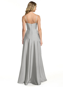 Azazie Kayla Bridesmaid Dresses Silver Sheath Side Slit Stretch Satin Dress image2