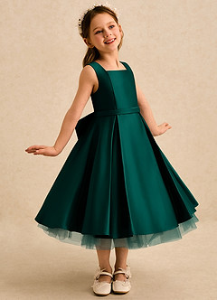 Azazie Josie Flower Girl Dresses Pine A-Line Pleated Matte Satin Dress image1