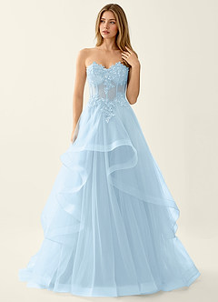 Anais Azul Cielo Vestido de fiesta con volantes de encaje y espalda con cordones tipo corsé image3