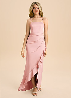 Azazie Buzzy Junior Powder Pink Sheath Pleated Stretch Satin Dress image4