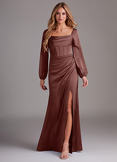 Azazie Charissa Bridesmaid Dresses Espresso Sheath Long Sleeve Stretch Satin Dress image1