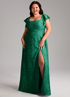 Azazie Bondi Bridesmaid Dresses Emerald A-Line Side Slit Floral Burnout Dress image7