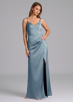 Azazie Leo Final Sale Dusty Blue Sheath Pleated Stretch Satin Dress image5