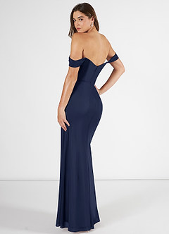 Azazie Kit Bridesmaid Dresses Dark Navy Mermaid Off the Shoulder Mesh Dress image4