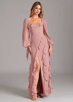 Azazie Candice 신부 들러리 드레스 A라인 긴팔 쉬폰 바닥 길이 드레스 image5