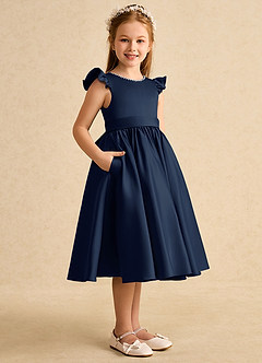 Azazie Dumpling Flower Girl Dresses Dark Navy A-Line Bow Matte Satin Dress image3