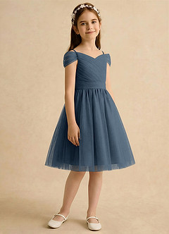Azazie Lila Girls Formal Robe Demoiselle D'honneur Fillette Robe Trapèze en Tulle Épaule décolletée Neptune image5