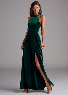 Azazie Clarice Vestidos de madrinha de casamento Vestir Esmeralda de Veludo de Linha A com Fenda Lateral image3