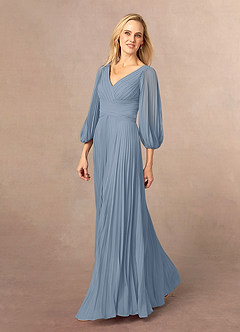 Azazie Zahara Mère de la mariée Robes Robe Trapèze en Mousseline de soie Col V plissé Bleu Poussiéreux image3