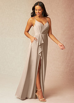 Azazie Kyedae Bridesmaid Dresses Taupe A-Line V-Neck Pleated Chiffon Dress image3