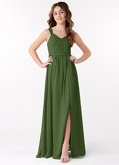 Azazie Evie Junior A라인 주름진 쉬폰 플로어 길이 주니어 신부 들러리 드레스 image1