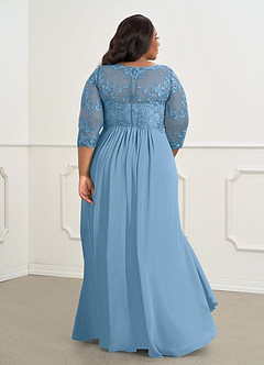 Azazie Hayek vestidos de madre de la novia Vestido de Azul Acero de Gasa de Corte En A con Cuello en V de encaje image7