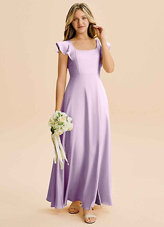 Azazie Bondi Junior A-Line Sideslids Stræk satin Gulv-længde Junior brudepige Kjole image4