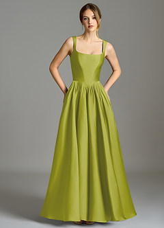 Azazie Verina Bridesmaid Dresses Lemongrass A-Line Pleated Stretch Satin Dress image3
