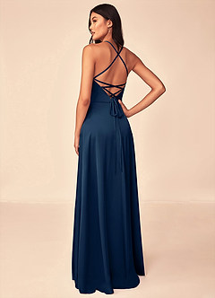 Azazie Mei Brautjungfernkleider A-Linie V-Hals Stretch-Satin Kleid Dunkelmarine image2