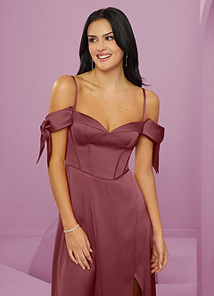 Barbie ♥ Azazie Bridesmaid Dresses Desert Rose A-Line Off the Shoulder Stretch Satin Dress image5