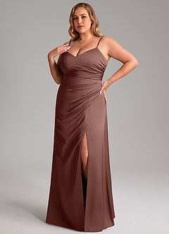 Azazie Azuree Bridesmaid Dresses Espresso A-Line Pleated Stretch Satin Dress image9