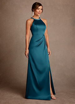 Azazie Lawrence Mother of the Bride Dresses Ink Blue A-Line Pleated Stretch Satin Dress image4
