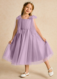 Azazie Dori Robe Demoiselle D'honneur Fillette Robe Trapèze en Tulle Rayé Glycine image4