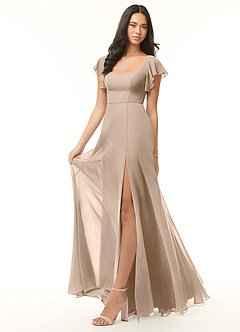 Azazie Bondi Bridesmaid Dresses Taupe A-Line Ruffled Chiffon Dress image4