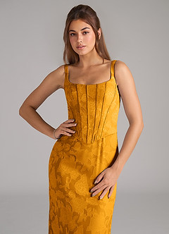 Azazie Kenna Bridesmaid Dresses Butterscotch Sheath Side Slit Floral Burnout Dress image6