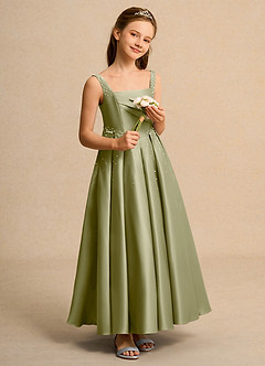 Azazie Mochi Girls Formal Flower Girl Dresses Moss Green Ball-Gown Pleated Matte Satin Dress image4