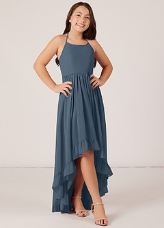 Azazie Sarafina Junior Robe Trapèze en Mousseline de soie Dentelle Neptune image1