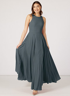 Azazie Lindie Final Sale Pewter A-Line Scoop Pleated Chiffon Dress image1