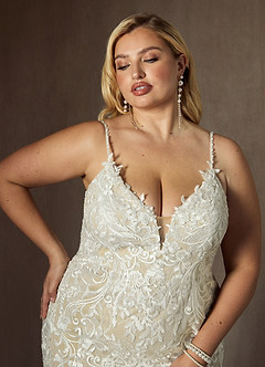 Azazie Camlynn Wedding Dresses Diamond White Nude Mermaid V-Neck Sequins Tulle Dress image12