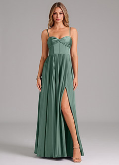 Azazie Akiko At-home Try On Dresses Agave A-Line Sweetheart Neckline Stretch Satin Dress image1