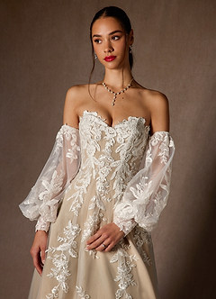 Azazie Madeleine Wedding Dresses Diamond White Nude Ball-Gown Strapless Lace Dress image5