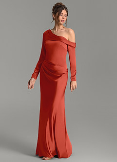 Azazie Sandra Bridesmaid Dresses Rust Mermaid Long Sleeve Stretch Satin Dress image4