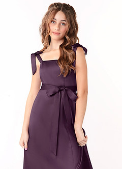 Azazie Barbara Junior Plum A-Line Bow Stretch Satin Dress image5