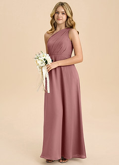 Azazie Phaedra Junior A라인 주름진 쉬폰 플로어 길이 주니어 신부 들러리 드레스 image5