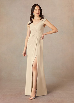 Azazie Sally Mother of the Bride Dresses Champagne A-Line V-Neck Pleated Chiffon Dress image2