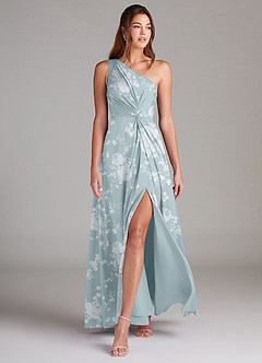 Azazie Brooke Vestidos de damas de honor Vestido de Floral Azul Polvo de Satén Elástico de Corte en A con Hombro unilateral image3